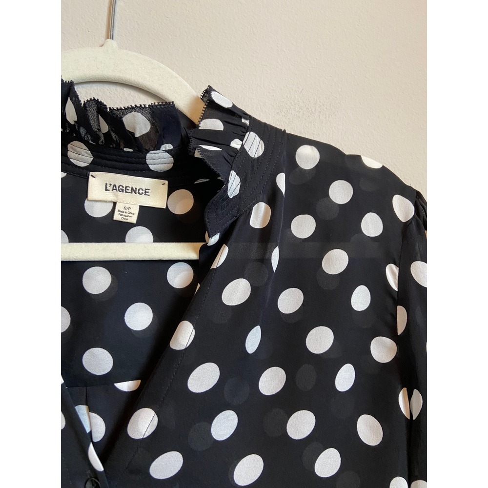 L'AGENCE Black White Polka Dot Silk Ruffle Blouse V-Neck Button Down Small - Picture 3 of 8